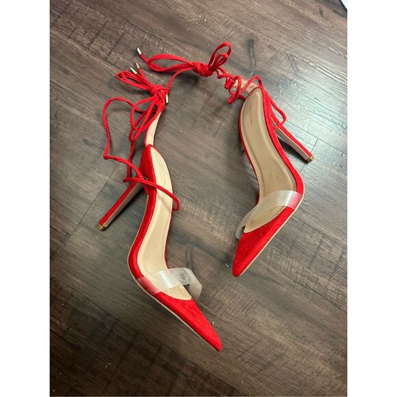 PrettyLittleThing Red Clear Strap Point Toe Barely There Sandal, Sz 8, MP $60 - Picture 2 of 7
